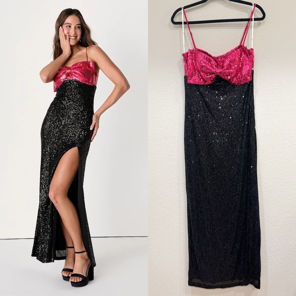 Size L Lulus Prepare To Pose Black and Pink Color Block Sequin Maxi Prom Dress‎
